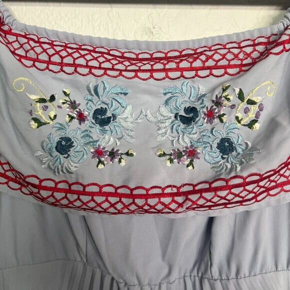 ASOS Maternity Dress Size 4 Light Blue High Low Embroidered Off Shoulder Zip - Picture 4 of 14